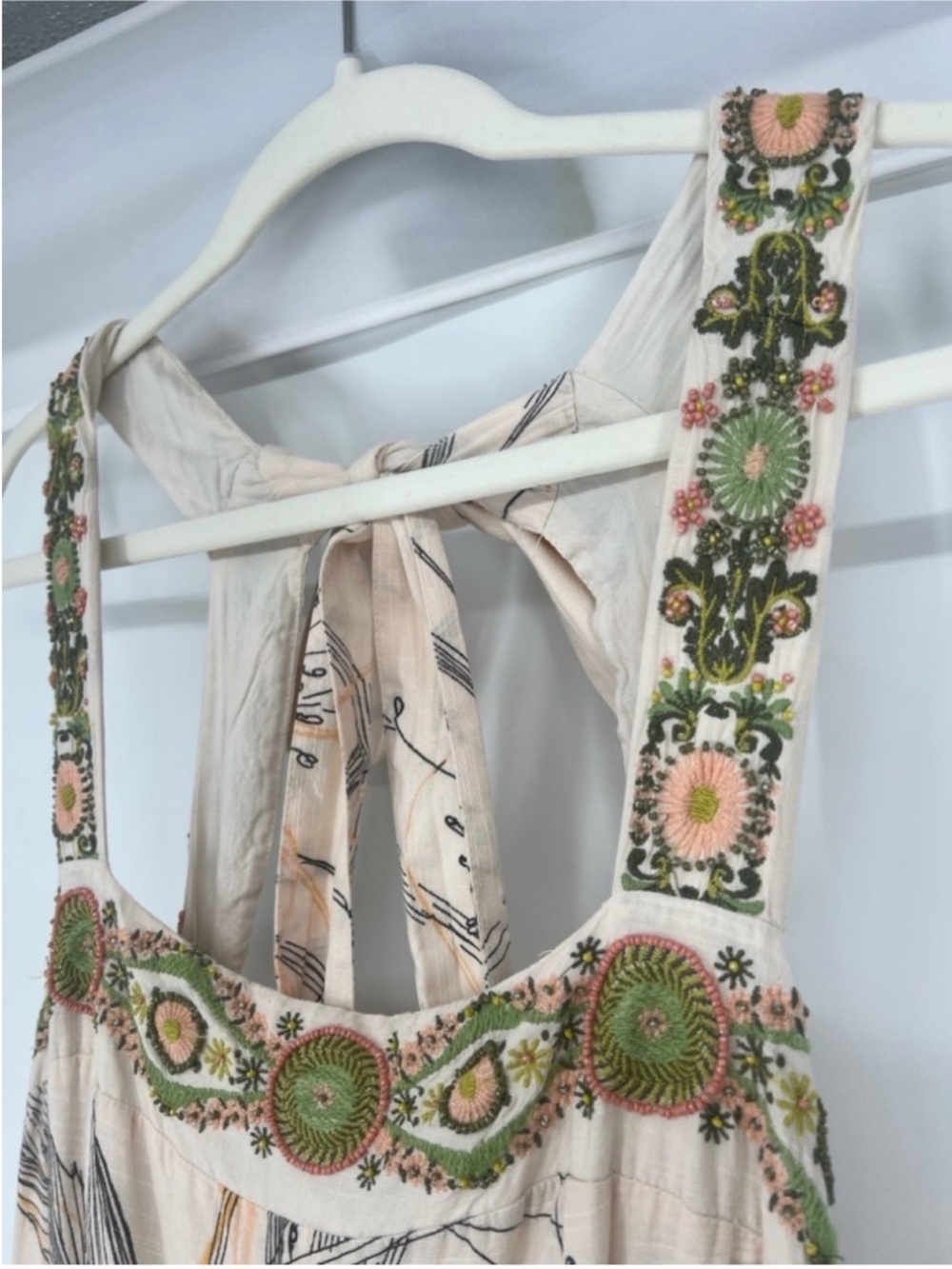 Anthropologie Pink Embroidered Beaded Square Neck Bohemian Tie Back Maxi Dress L - Picture 9 of 13